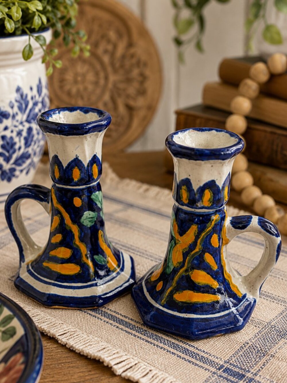 VTG Mexican Talavera Pottery Candlestick Holders Pair Handmade Blue Yellow